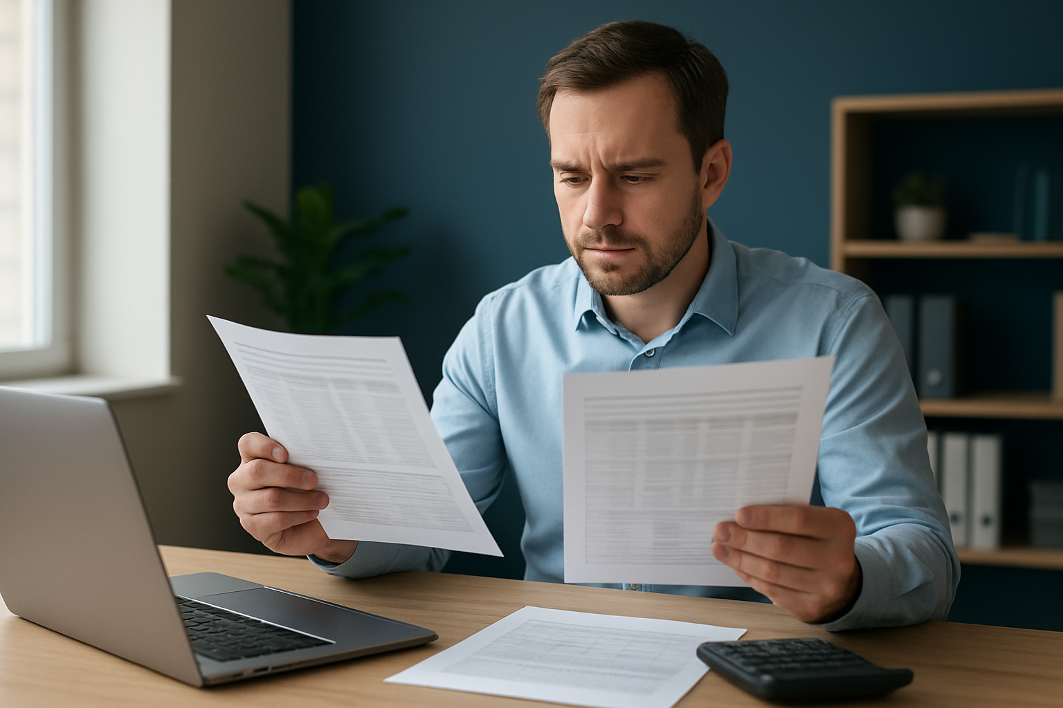 Canadian business owner checking GST/HST figures on blank accounting documents