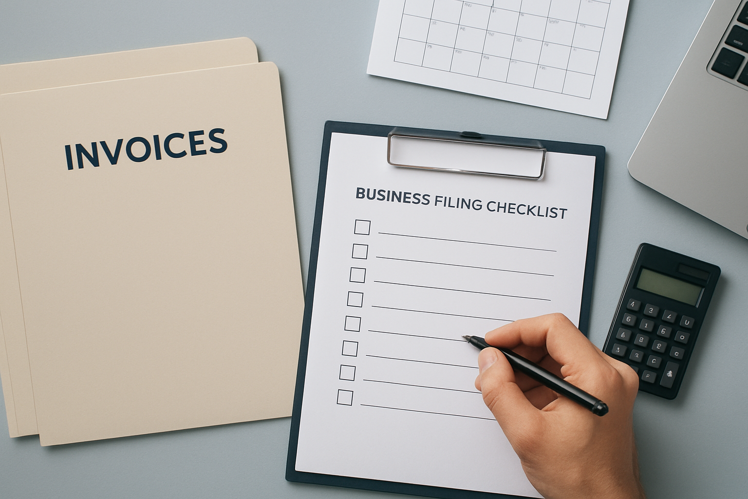 Small business owner checking a GST nil return filing checklist with a laptop and invoices