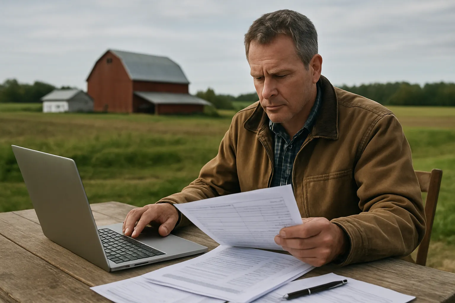 Langley BC farm or trades business owner reviewing financial documents in an outdoor or agricultural setting on their Langley Township property