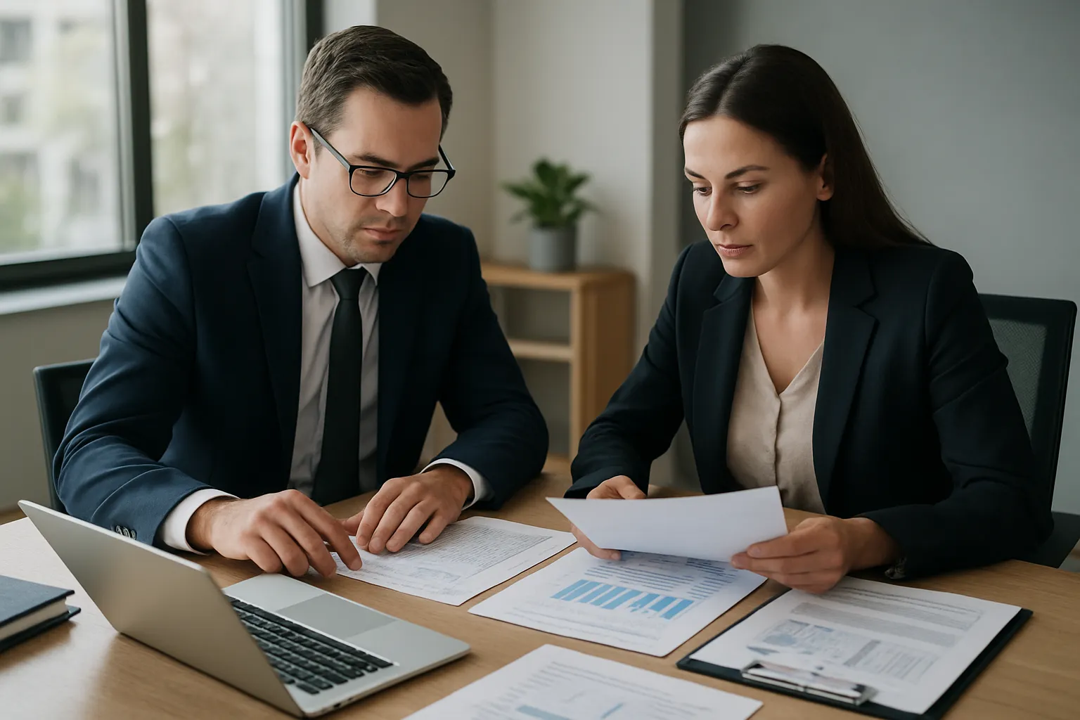 New Westminster accounting advisor meeting with small business owner to discuss tax filing and financial planning in professional office setting with documents visible on desk.