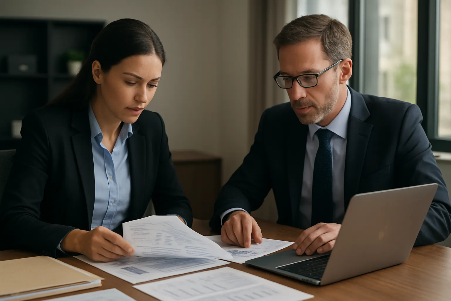 New Westminster business advisor discussing payroll and tax planning solutions with small business owner during consultation meeting, professional office environment with financial documents and laptop visible.