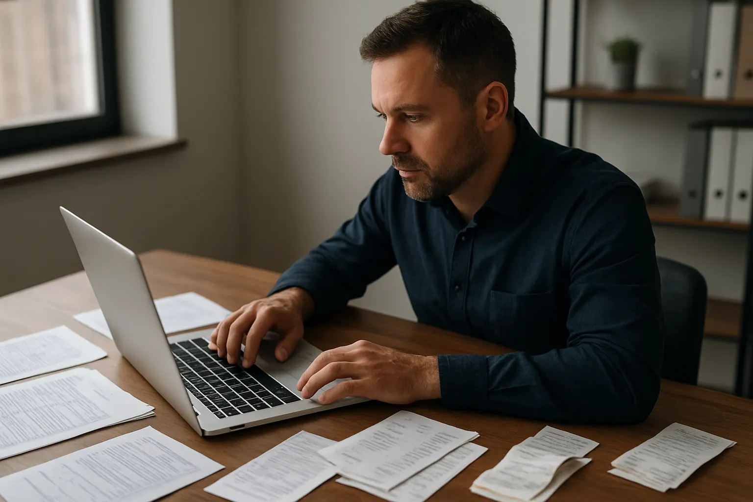 New Westminster restaurant owner reviewing monthly bookkeeping records and financial statements on laptop at workspace with business documents organized nearby.