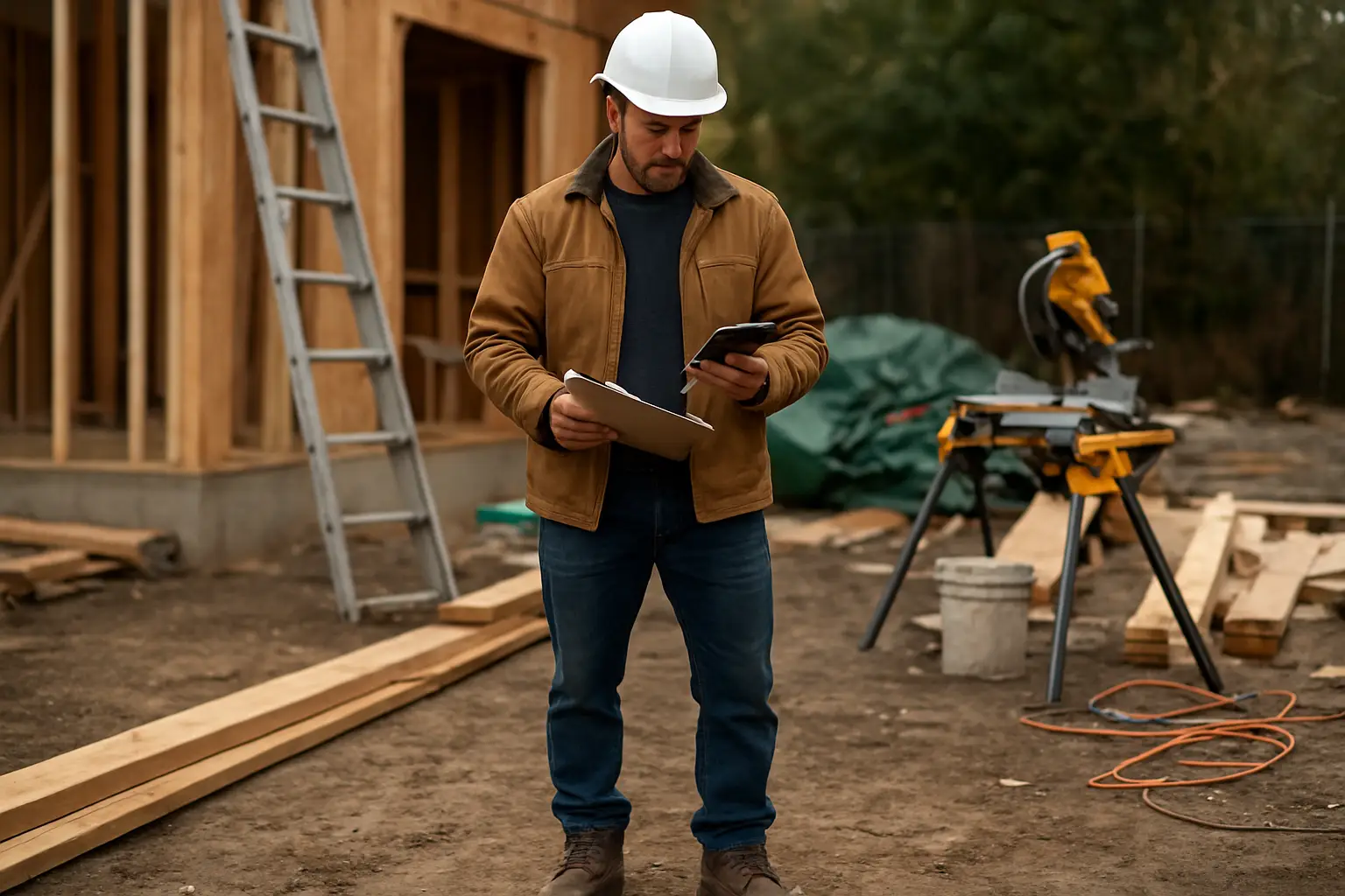 Newton Surrey trades contractor in work clothes reviewing invoice or job cost receipt on an active construction job site