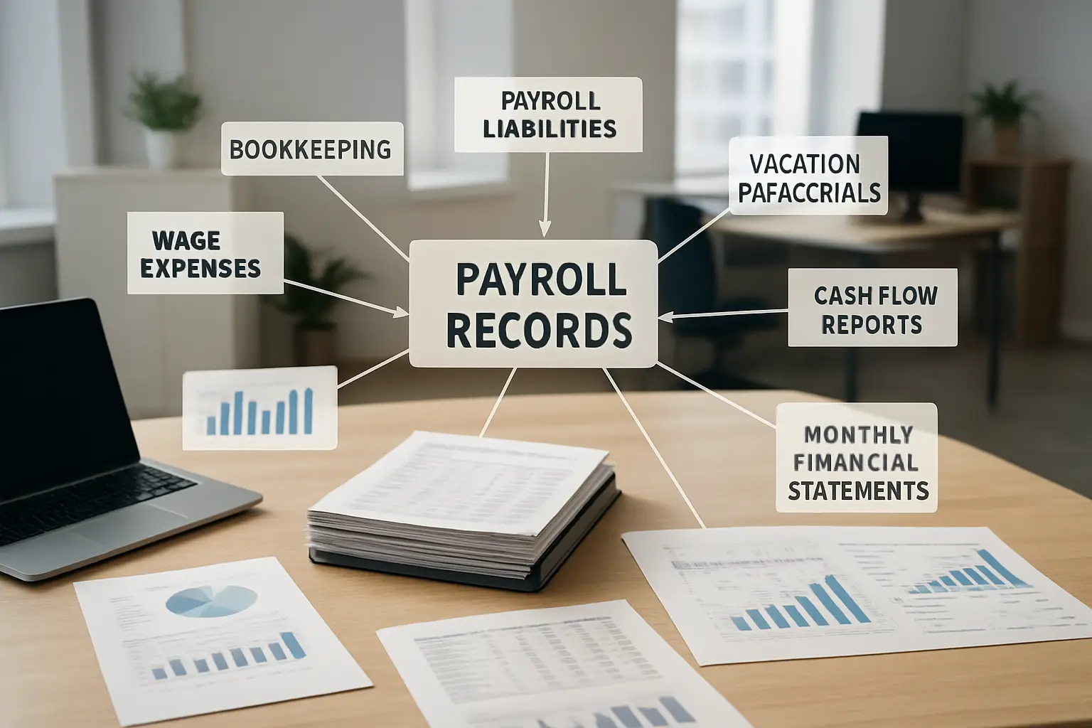 Payroll records connected with bookkeeping wage expenses liabilities vacation pay and cash flow reports