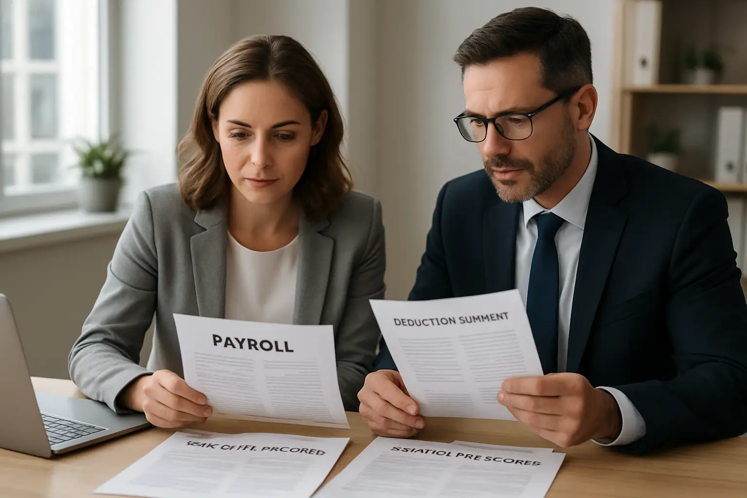 Surrey business owner reviewing payroll reports employee records deductions and remittance schedule with an advisor