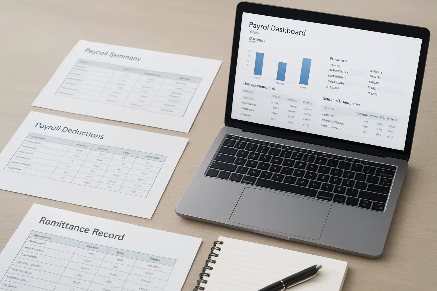 Payroll pay run with employee hours deductions vacation pay and remittance records for a Surrey business