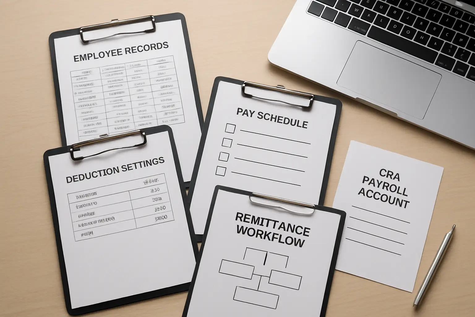 CRA payroll account setup with employee records pay schedule deduction settings and remittance workflow