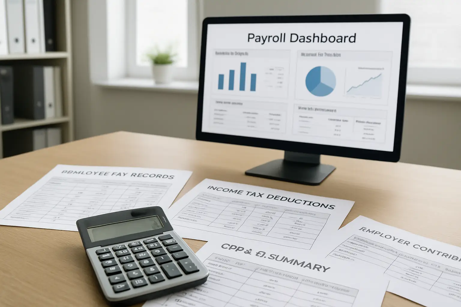Payroll source deduction calculation with income tax CPP EI employee pay records and employer contributions