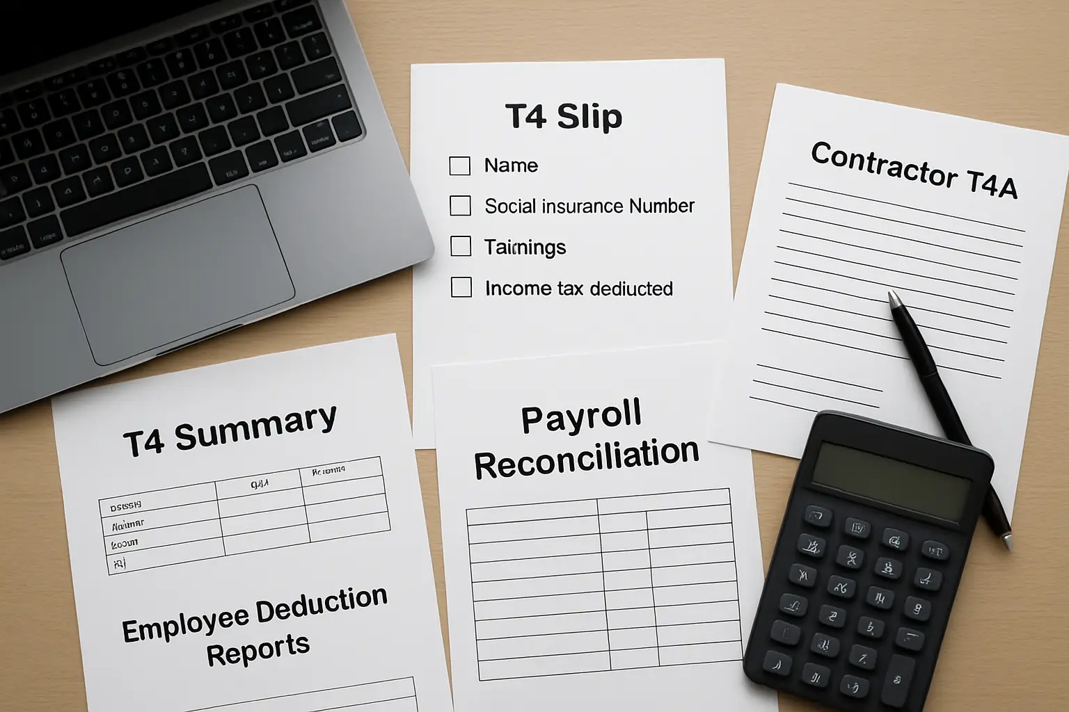 Year-end payroll tax preparation with T4 slips T4 summary contractor T4A records and employee deduction reports