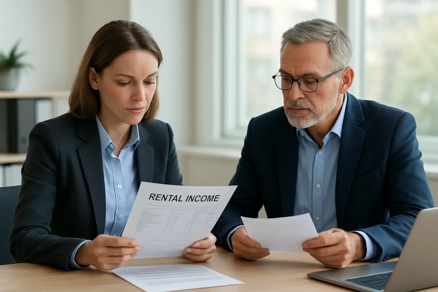 Property manager reviewing rental statements with an accounting advisor in a Surrey office