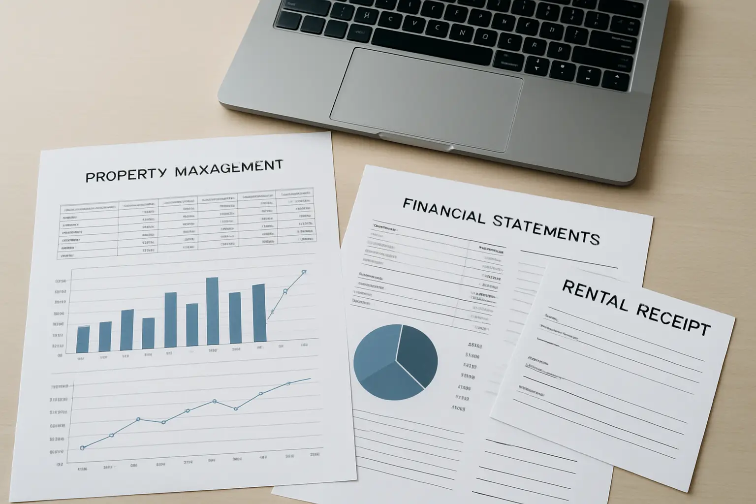 Property management financial statements and rental receipts arranged beside a laptop