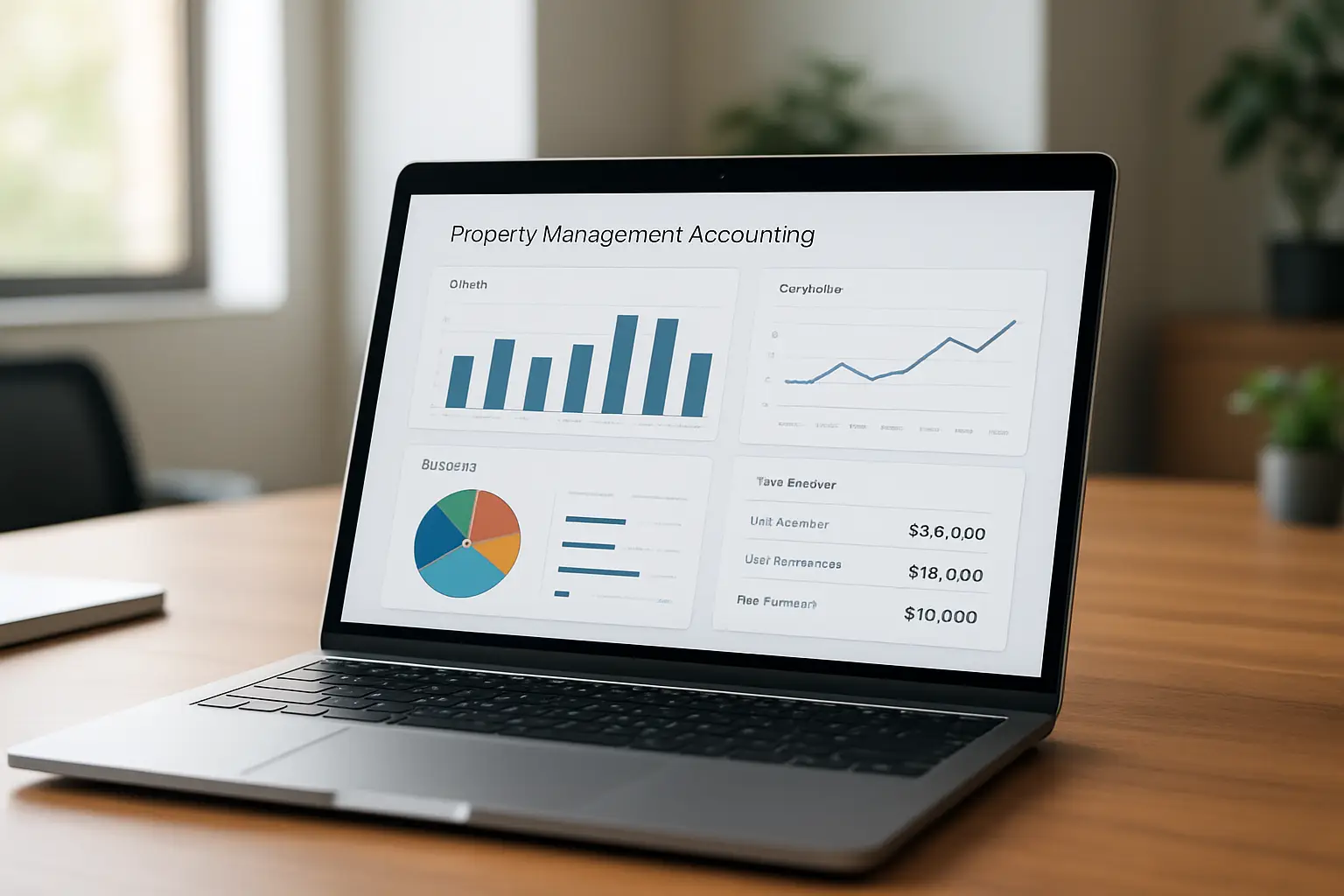 Laptop displaying a clean property management accounting dashboard with rental financial reports
