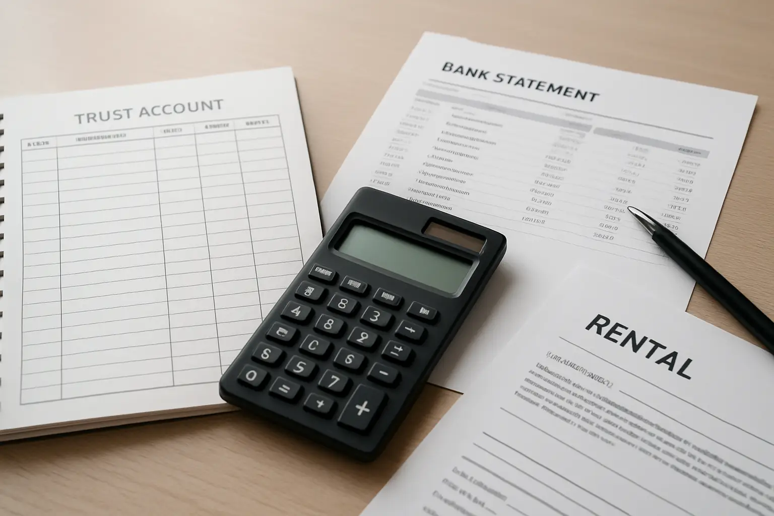 Organized rental trust account records and bank statements prepared for monthly reconciliation