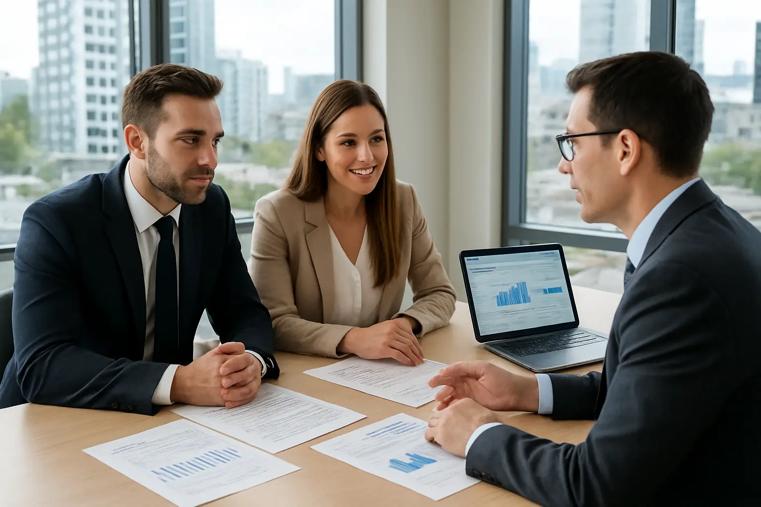 Surrey realtor and property investor reviewing commission statements and deal financials on a laptop with a professional financial advisor in a bright modern office