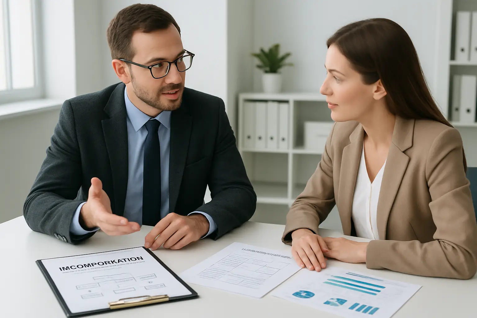 Surrey accountant explaining business incorporation structure options to a real estate professional across a desk with documents