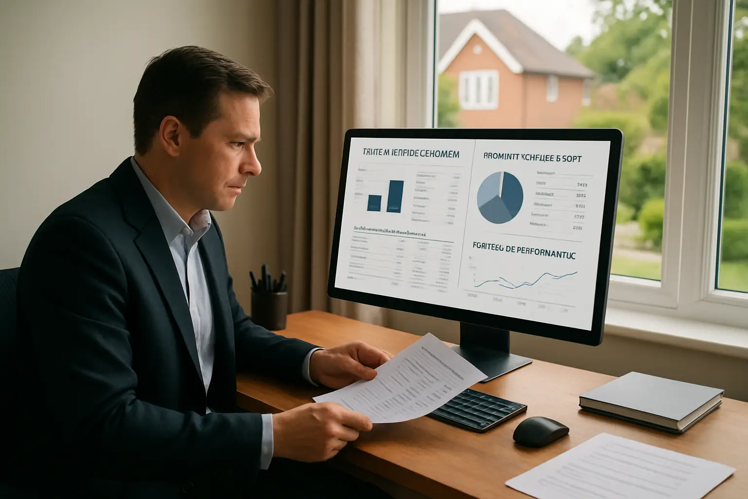 Surrey property investor reviewing rental income and expense reports for multiple properties on a desktop screen