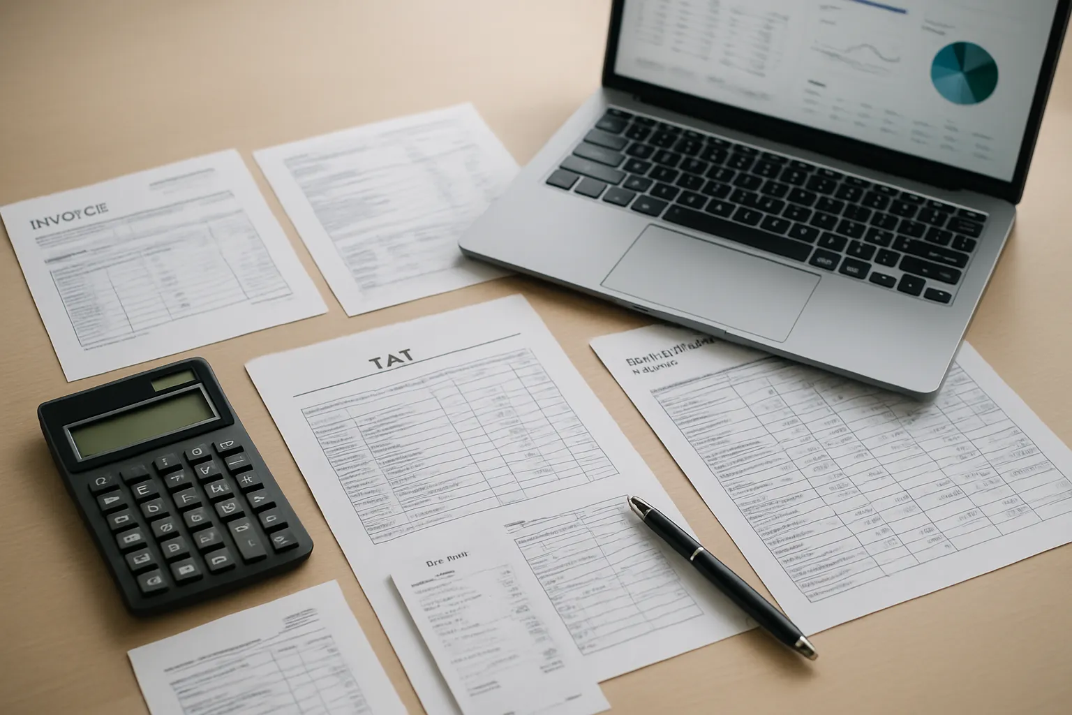 Sapperton business owner reviewing organized monthly financial records and bookkeeping statements on laptop at workspace with business documents neatly arranged.