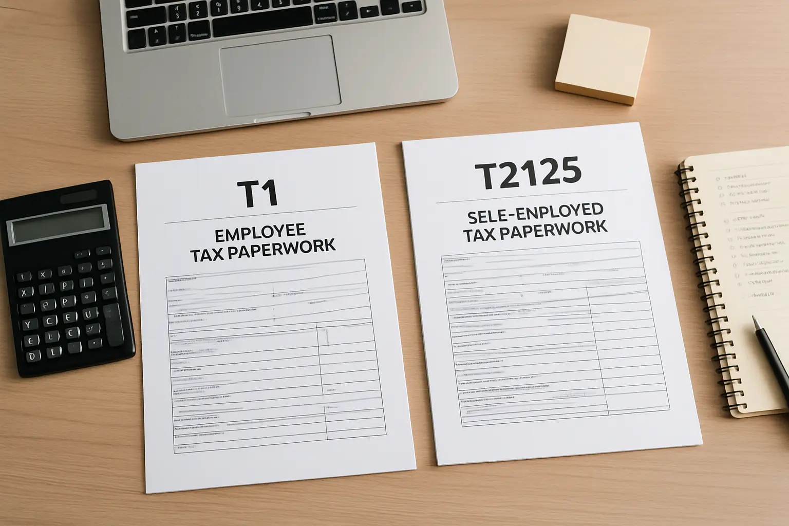 Comparison of employee taxes and self-employed taxes on a desk with T1 and T2125 paperwork