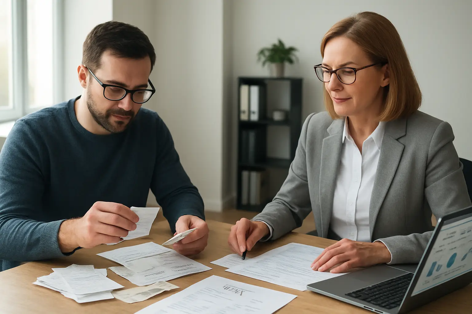 Self-employed Surrey contractor organizing tax receipts and invoices with an accountant