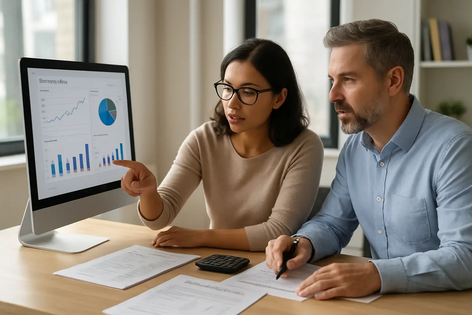 Surrey freelancer reviewing a bookkeeping dashboard and tax checklist with an accountant
