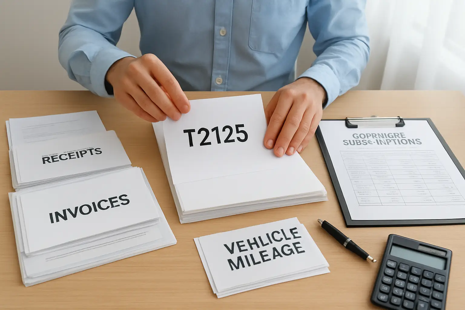 Accountant organizing T2125 expense categories receipts invoices and mileage records for a Surrey freelancer