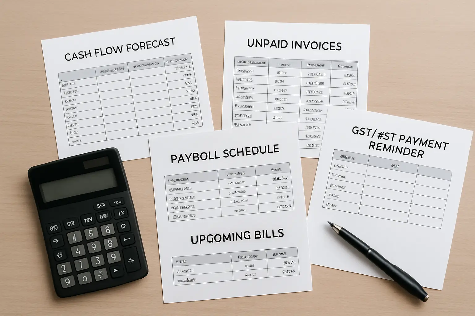Surrey small business cash flow forecast with invoices bills payroll and tax payments