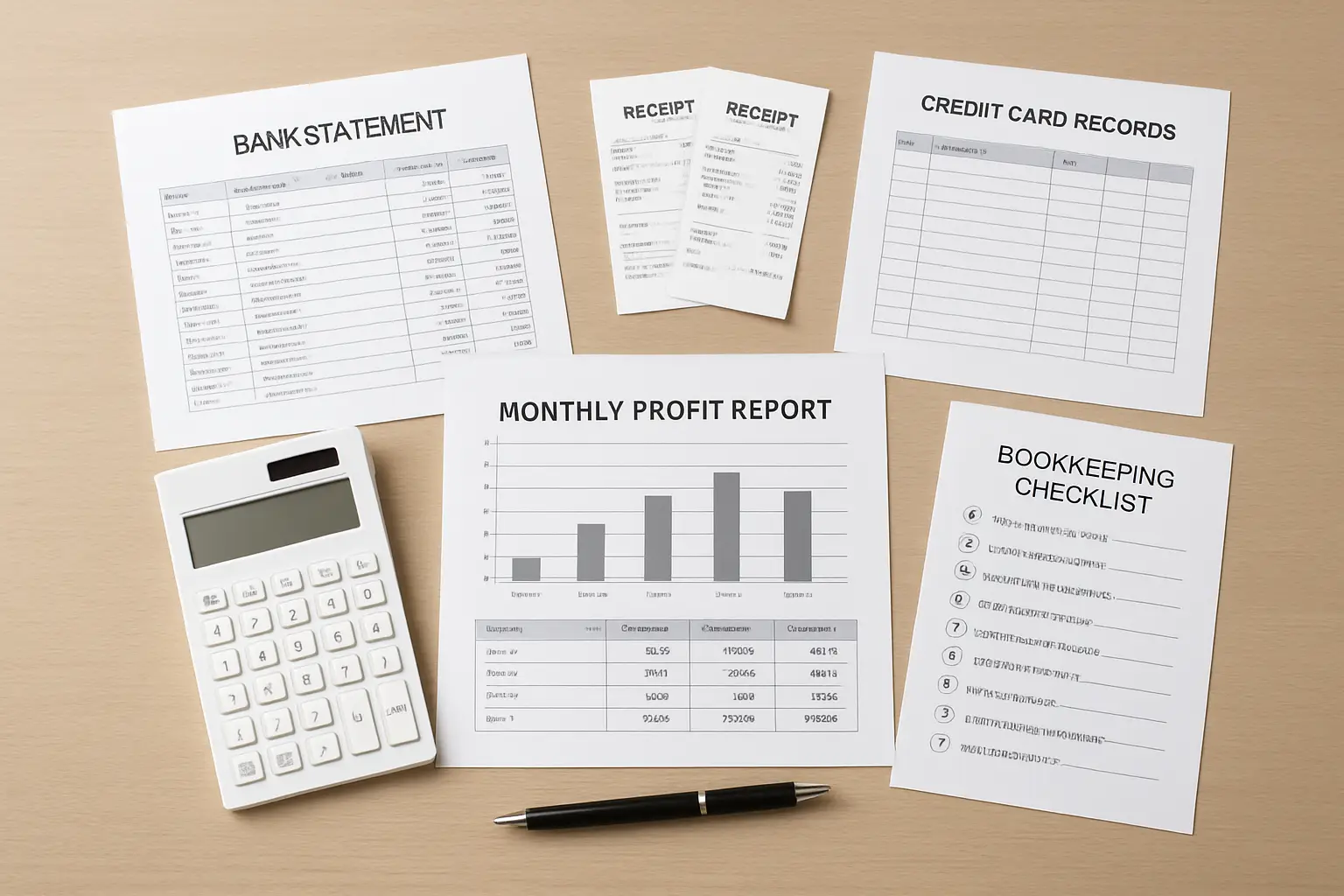 Monthly small business bookkeeping workflow with bank statements receipts and profit reports