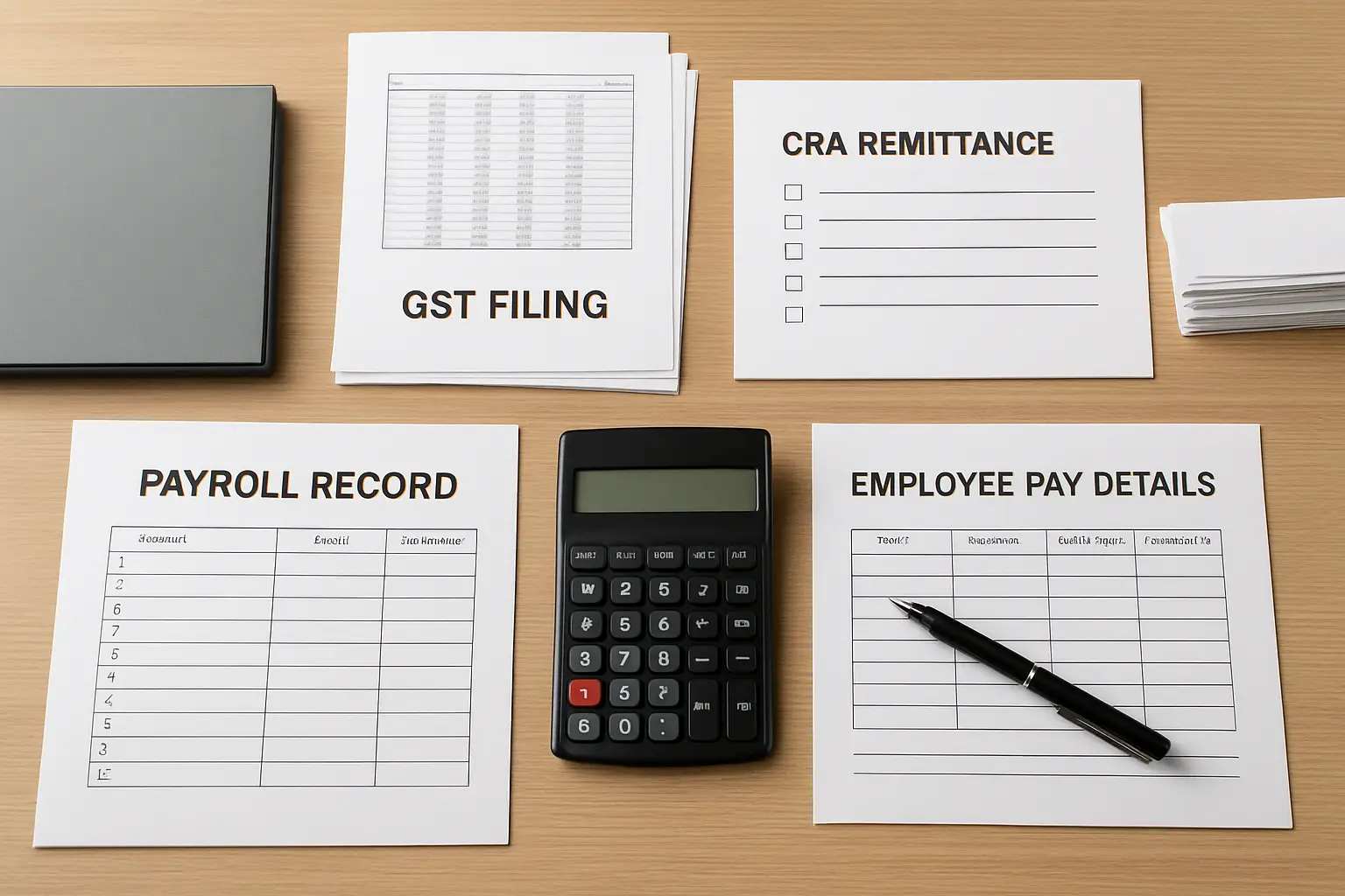 Small business payroll and GST bookkeeping records with employee pay details and CRA remittance notes