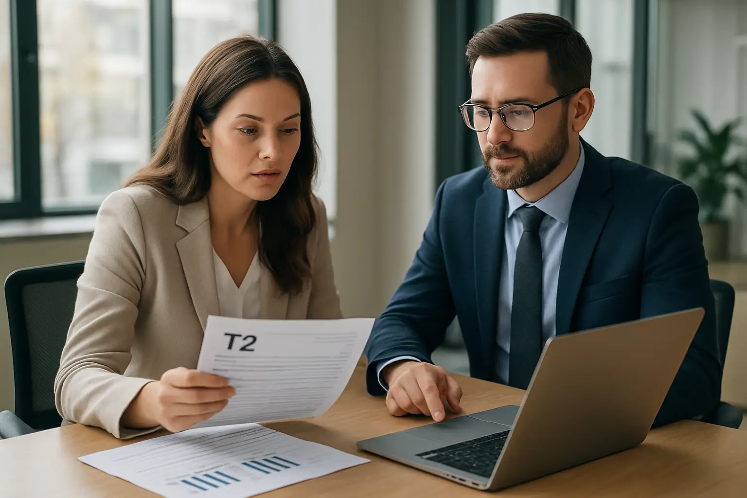 Surrey business owner reviewing T2 tax returns with Phoenix Knight financial expert