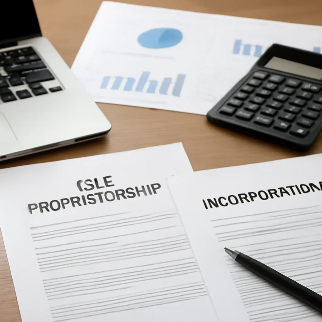 A business owner carefully reviewing a detailed comparison matrix layout between sole proprietorship and incorporation