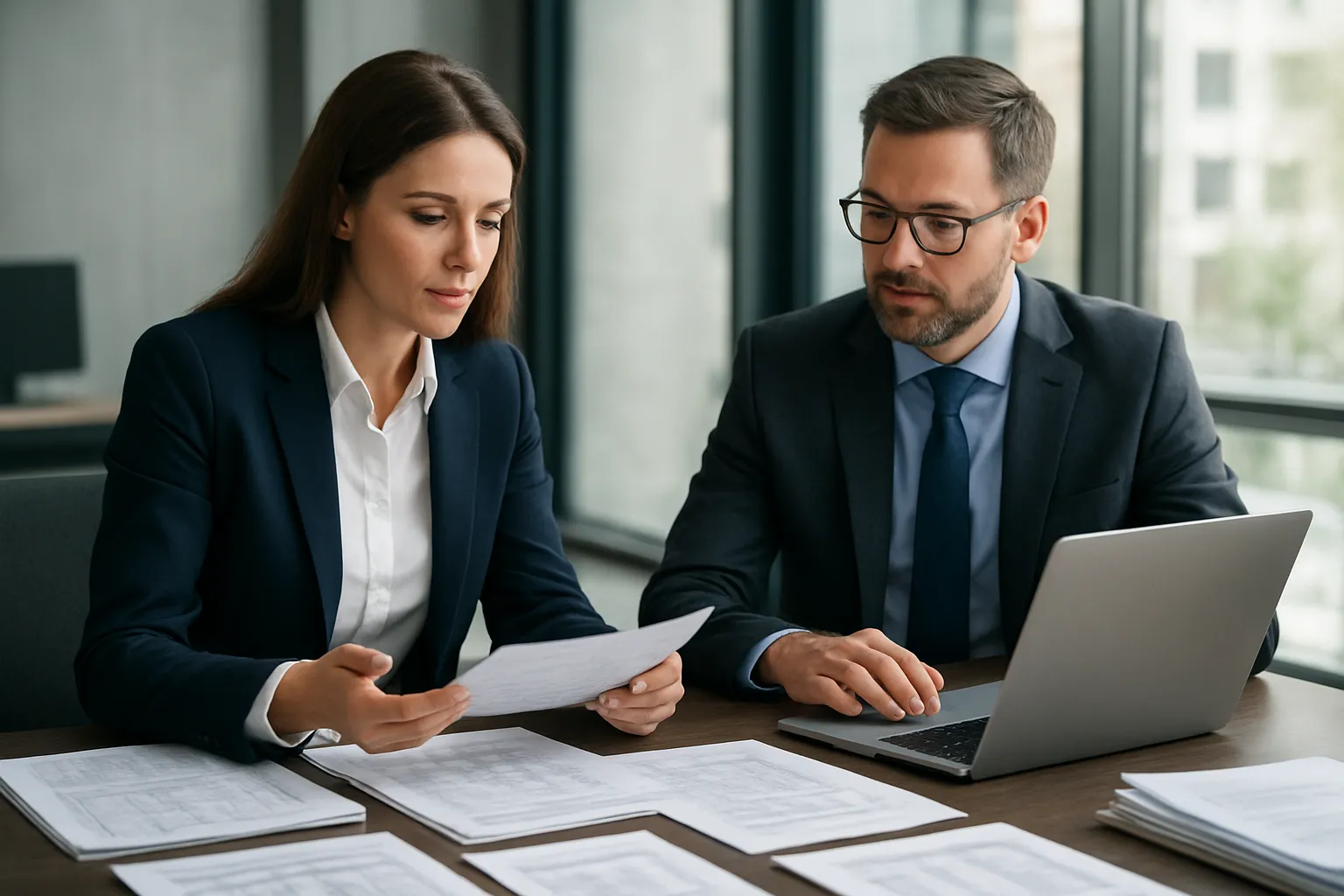 South Surrey accountant and professional client reviewing tax strategy and estate planning documents at a premium office desk