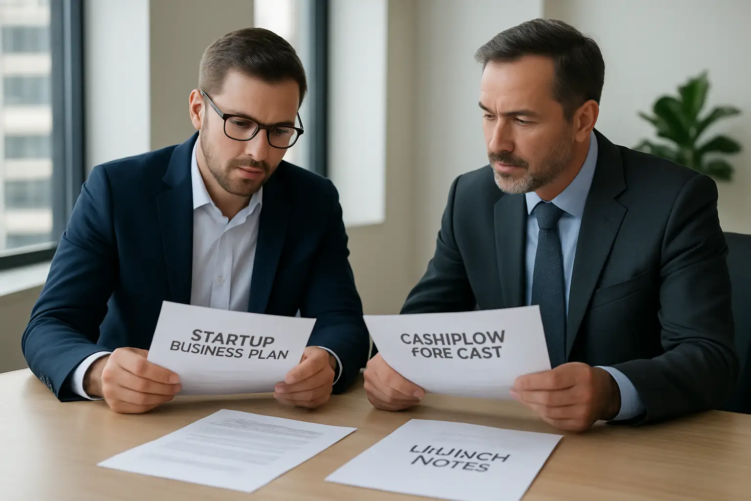 Surrey entrepreneur reviewing a startup business plan cash flow forecast and registration checklist with an advisor