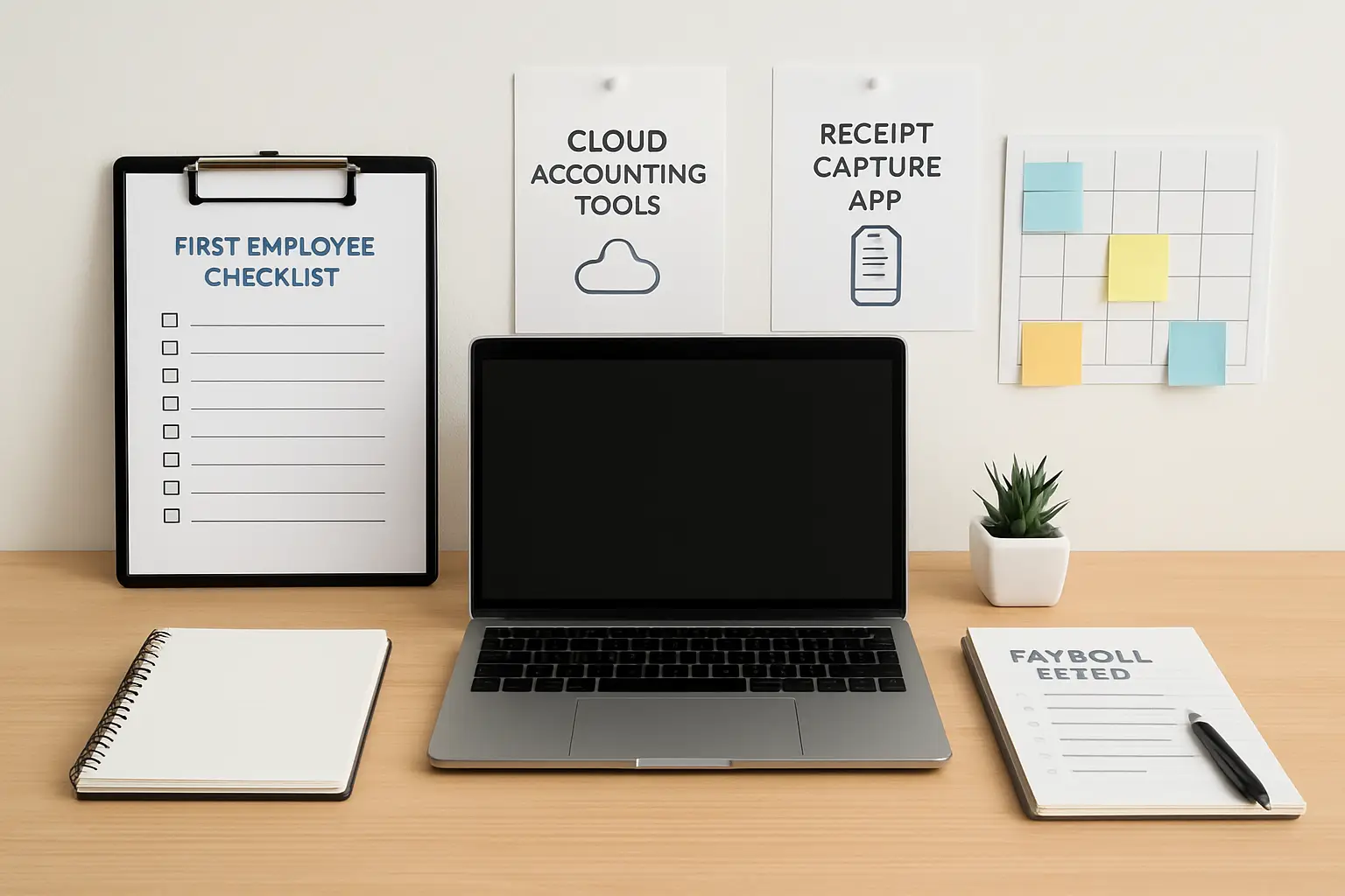 Startup payroll and technology setup with employee checklist cloud accounting receipt capture and project tools
