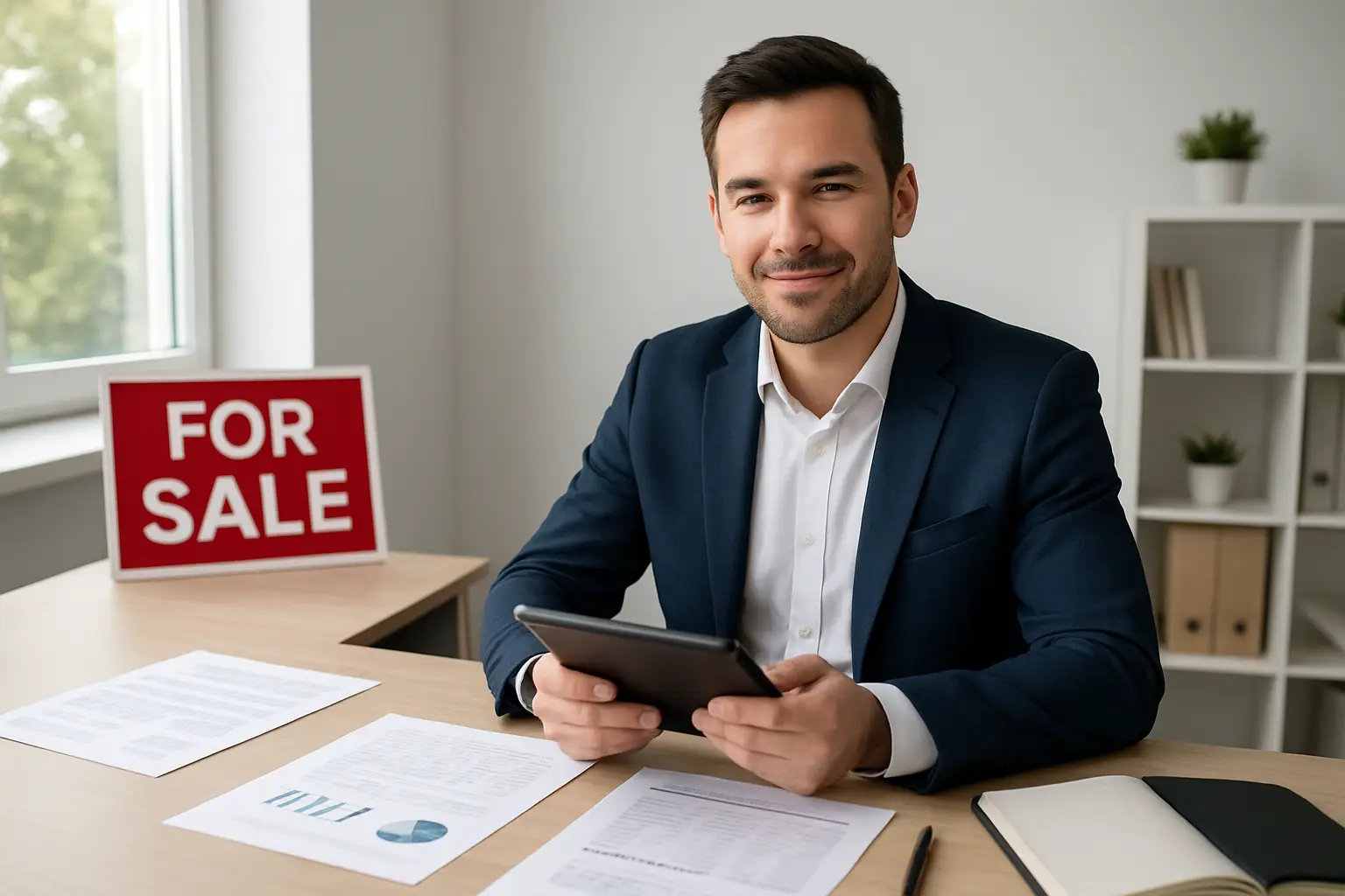 Surrey real estate agent reviewing commission splits and deal expense records on a tablet with documents spread on desk