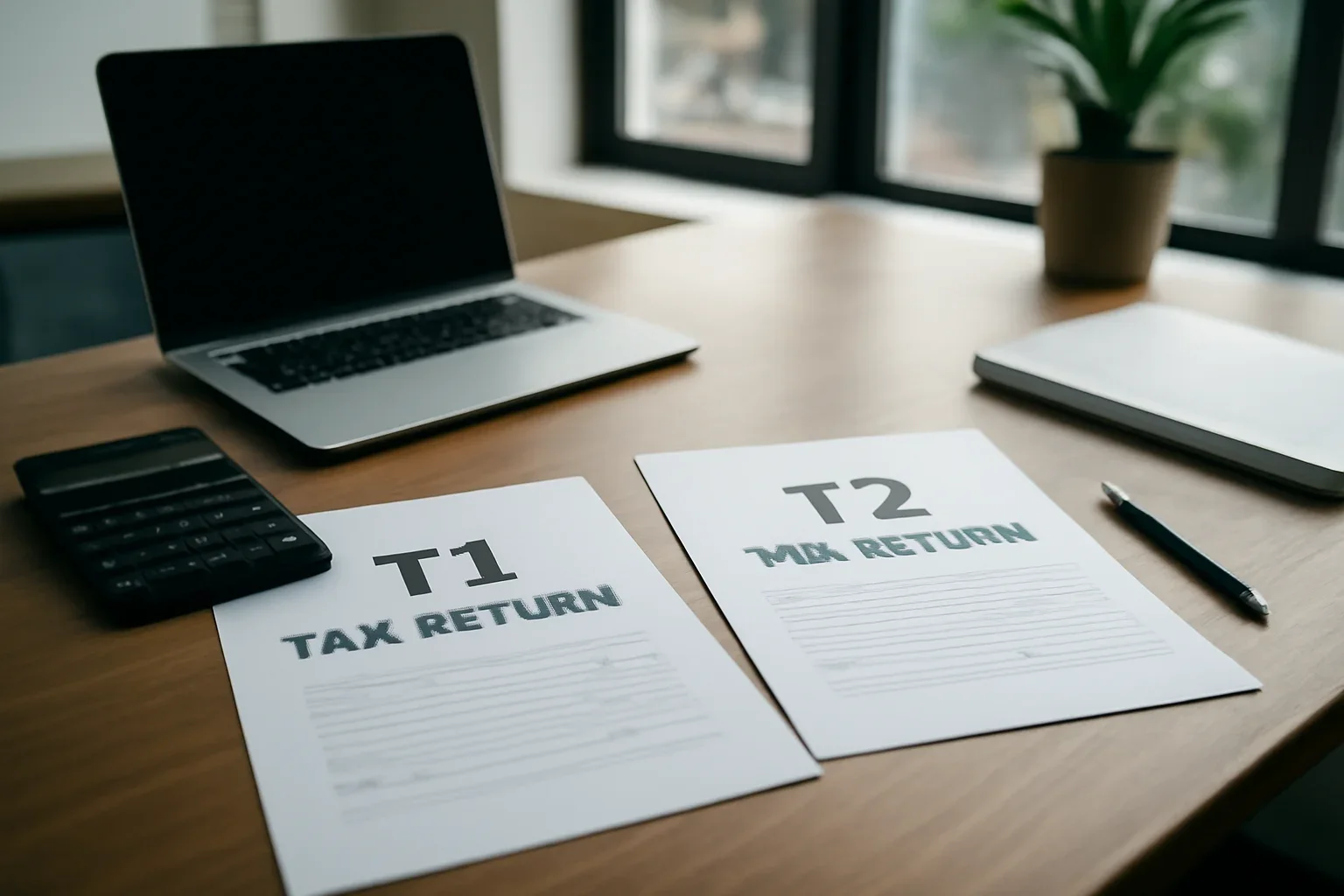 Side-by-side comparison of Canadian T1 personal and T2 corporate tax documents with a professional calculator layout