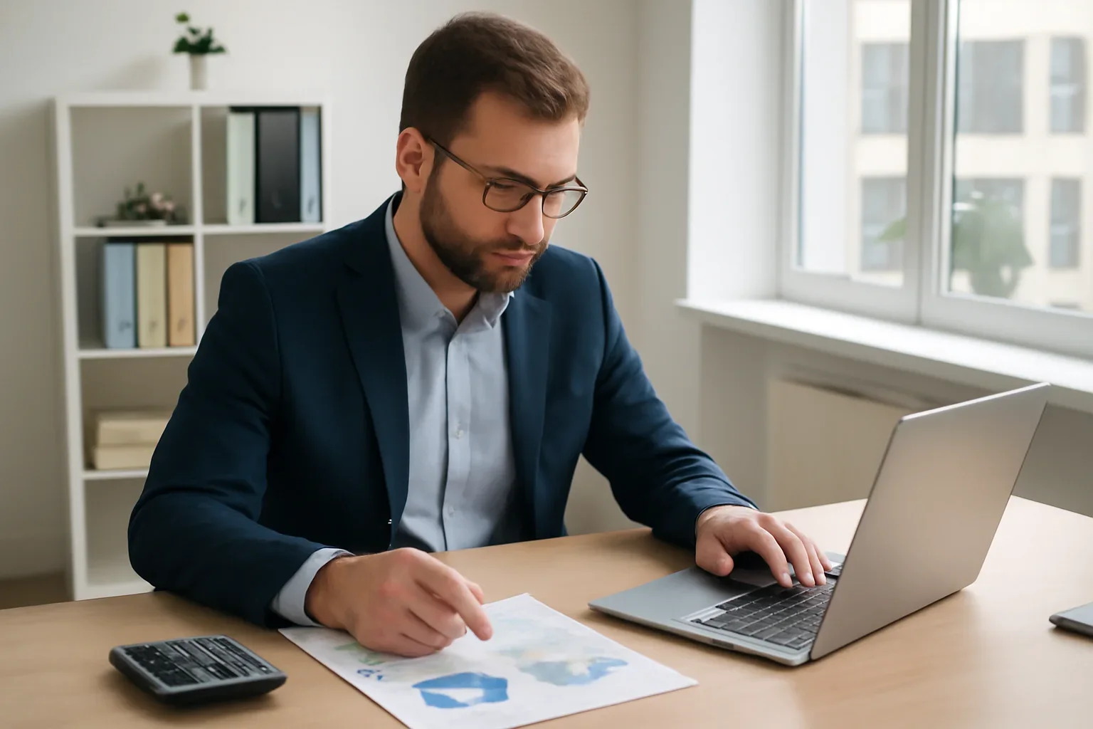 Accountant in a collaborative planning meeting with a small business owner, both thoroughly engaged with digital financial statements and data