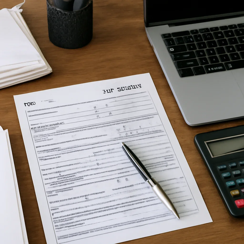 Clean financial workspace with tax documents organized in files next to a calculator showing steps to fix late tax filings